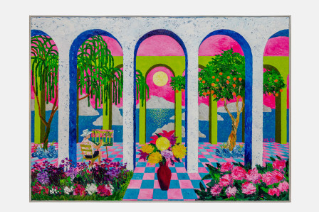 This painting is a continuation of the painting I showed at ABHK last year, Ode to the Wandering Son.  This is a diary of my journey, post COVID, when I can travel again.  It depicts islands representing seven places I went to in the last year that are surrounded by water: Honolulu, Phuket, Singapore, Taipei, Borneo, Ha Long Bay, and Hong Kong.  The view from an architecture space to the exterior is as if I am framing a view from my inner self to the world.  Here, I feel more grounded and sat as a painter, with a willow tree to my left and an orange tree to my right, both I saw in gardens in Suzhou.  The foreground is flanked by a parterre from the Jardin du Luxembourg on the left, and a peony garden on the right, with a vase of flowers that to me, represents home, in the middle.