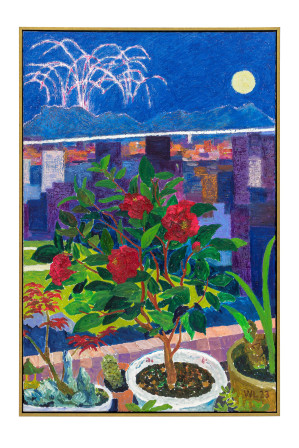This painting is the continuation of the balcony series.  The camellia we bought during COVID started to bloom again, with beautiful crimson flowers, in October 2023.  That was the time we celebrated Mid-Autumn Festival, and then two days later, fireworks for the first time in HK since 4 years ago.