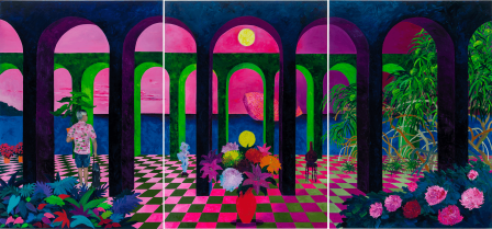 This is the largest painting I have done to date.  The triptych represents my life journey.  The first panel depicts myself setting out on a journey.  The poinsettias flowers indicate the start of the journey in December, when Hong Kong was starting to lift its COVID restrictions.    The second panel depicts a domestic environments with objects from home, and one of my projects, the first lantern, in the distance.  The full moon is echoed by the yellow Chrysanthemum in the vase.    The third panel depicts a Hong Kong indigenous plant.  Thatch Screwpine, a plant very common when I go hiking.  This represents the journey finishes at home, ready to start again.    A double arched colonnade unified the three parts.  This is a memory from my secondary school in Hong Kong where the students assembled under the colonnades.  The two clusters of planting in the foreground on the first panel is a wild growth, and on the third panel is a domesticated peonies growth.  In the middle is a vase with flowers, symbolizing the comfort of home.